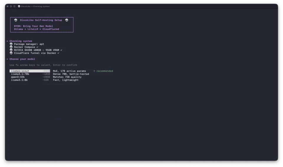 Setup script detecting NVIDIA GH200 GPU and showing model selection